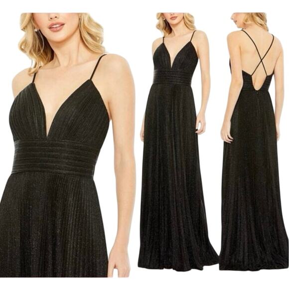 MAC DUGGAL 30725 Black Shimmer Pleated V-Neck Gown Size 20 New w/ Tag MSRP $398 - Picture 1 of 12